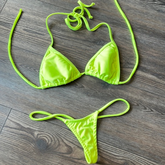 Padded yellow bikini stripper set outfit new clubwear one size neon thong dancer - Picture 1 of 4
